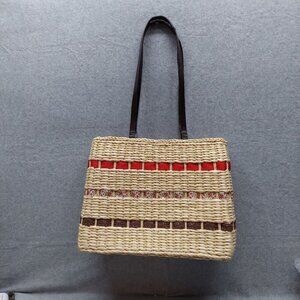 Woven Straw Tote Bag With Floral Accents & Red Lining